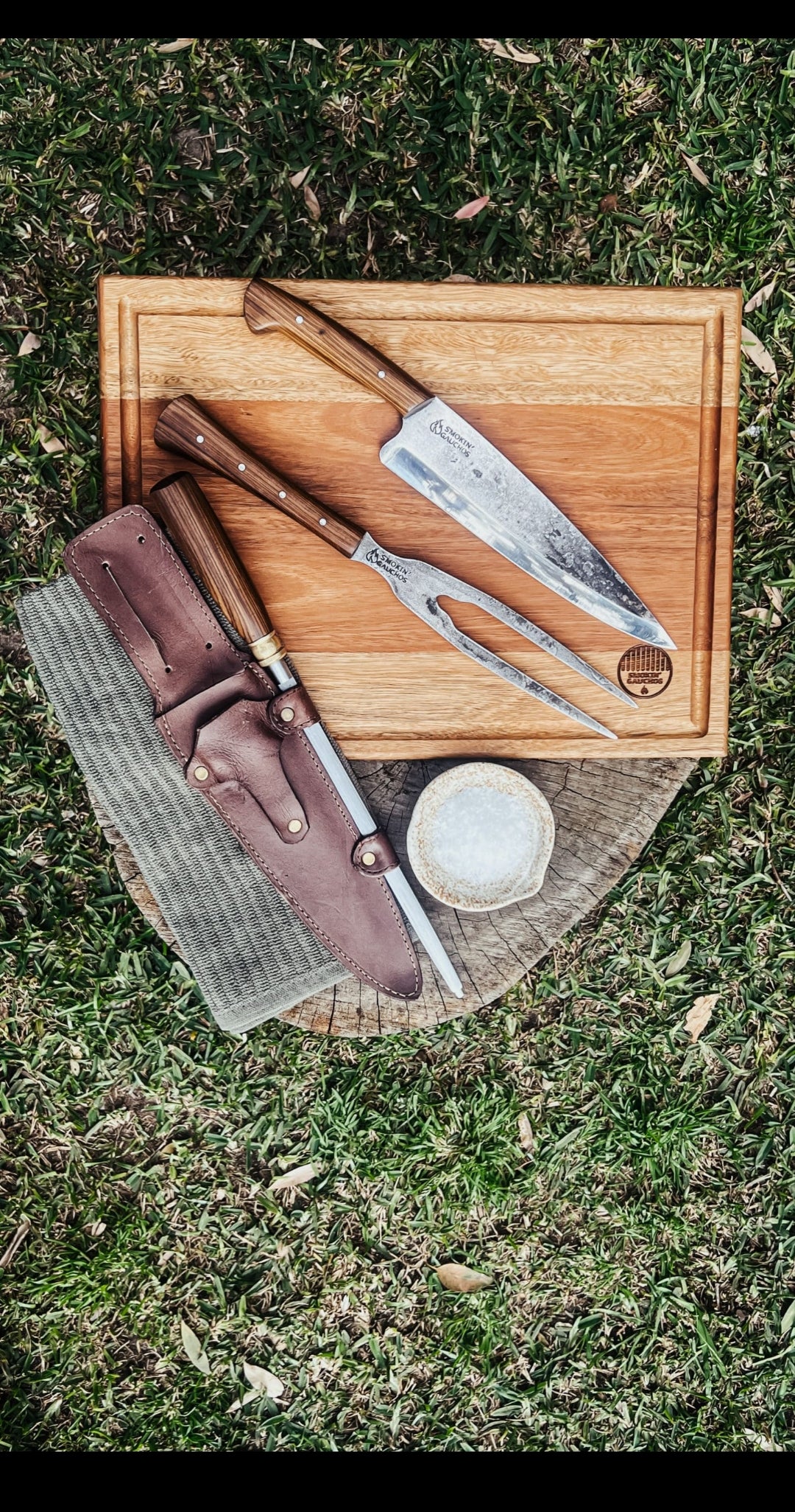 Handmade Carving Knife, Fork & Honing Steel Set + Leather Sheath